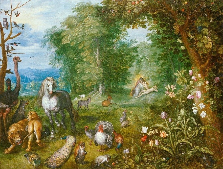 Jan BRUEGHEL DER Jüngere, Paradieslandschaft mit der Erschaffung Evas (Affe,Auerhahn,Botanik,Christentum,Fasan,Kunst,Landschaft,Löwe (Tier),Pferd (Tier),Religion,Vogel,Zoologie,Wald,Strauss (Laufvogel),Ziege,Barock,Altes Testament,Pfau,Bibel,Erschaffung Evas,Paradies,Schaf,Niederländische Kunst,Kaninchen,Reh,Haustier,Apfelba)