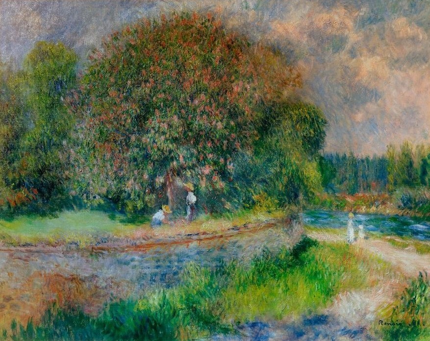 Pierre-Auguste Renoir, Maronnier fleurissant (Baumblüte,Jahreszeiten,Kunst,Landschaft,Maler (Künstler),Impressionismus,Frühling,Baum,Französische Kunst,Kastanienbaum)