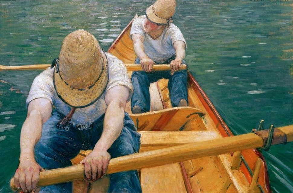 Gustave Caillebotte, Canotiers ramant sur l’Yerres (Sportler,Boot,Jahreszeiten,Kopfbedeckung,Kunst,Landschaft,Mann,Freizeit,Rudern,Ruderboot,Schiff,Sommer,Sport,Impressionismus,Hut,Fluss,Strohhut,Französische Kunst,Binnenschiffahrt,Sonnenhut,Kleidung (Allgemein),Ruder,Flusschiffahrt,Schifffahrt)