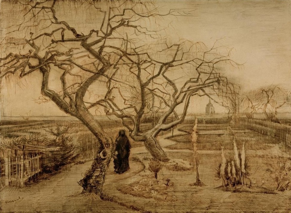 Vincent van Gogh, Garten im Winter (Frau,Garten Und Park,Jahreszeiten,Menschen Im Park,Spaziergang,Winter,Impressionismus,Baum,Hausgarten,Niederländische Kunst,Menschen Im Garten,Horizont,Obstbaum,Garten)