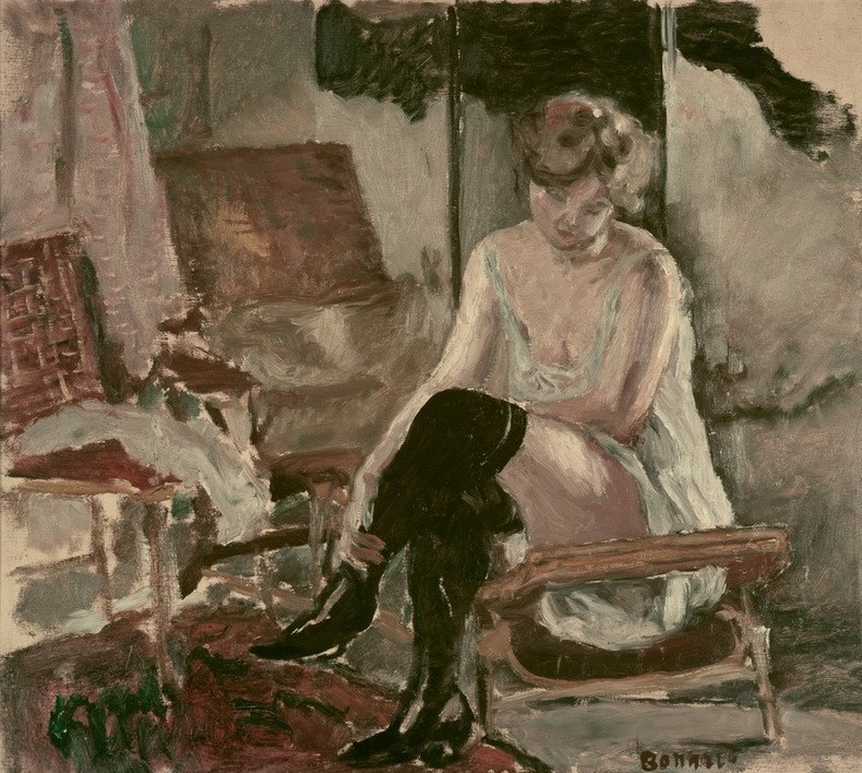 Pierre Bonnard, Etude de jeune femme sur sa chaiselongue (Frau,Kunst,Mensch,Strumpf,Unterwäsche (Damen),Impressionismus,Ankleiden,Portrait,Interieur,Studie,Französische Kunst,Chaise-Longue,Nabis,Unterkleid,Jahrhundertwende)