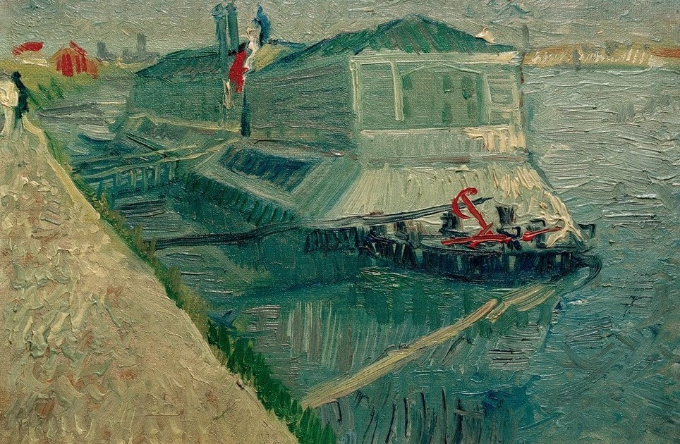 Vincent van Gogh, Waschboot auf der Seine bei Asnières (Hausboot,Kunst,Landschaft,Schiff,Impressionismus,Fluss,Niederländische Kunst,Flusschiffahrt,Vor Anker,Schifffahrt)