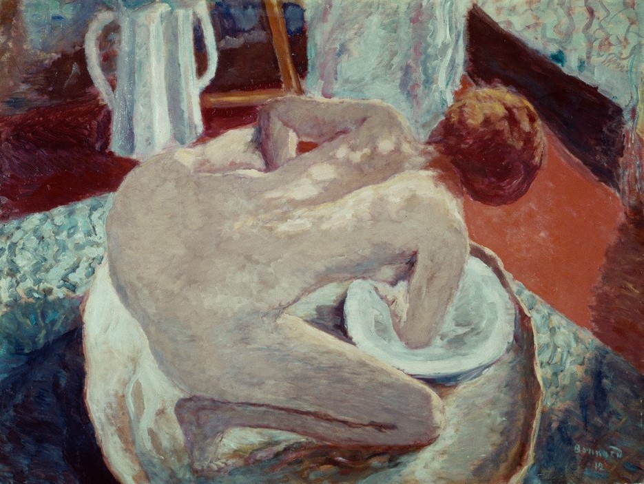 Pierre Bonnard, La Femme au tub (Körperpflege,Bad,Frau,Kunst,Wannenbad,Akt,Waschgeschirr,Rückenakt,Französische Kunst,Nabis,Schüssel,Hocken,Badewanne,Zuber)