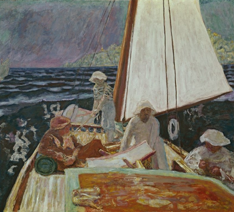 Pierre Bonnard, Signac et ses amis dans un voilier (Bootspartie,Boot,Künstlerleben,Kunst,Freizeit,Schiff,Segeln,Szene,Impressionismus,Segelboot,Französische Kunst,Nabis,Freundeskreis)