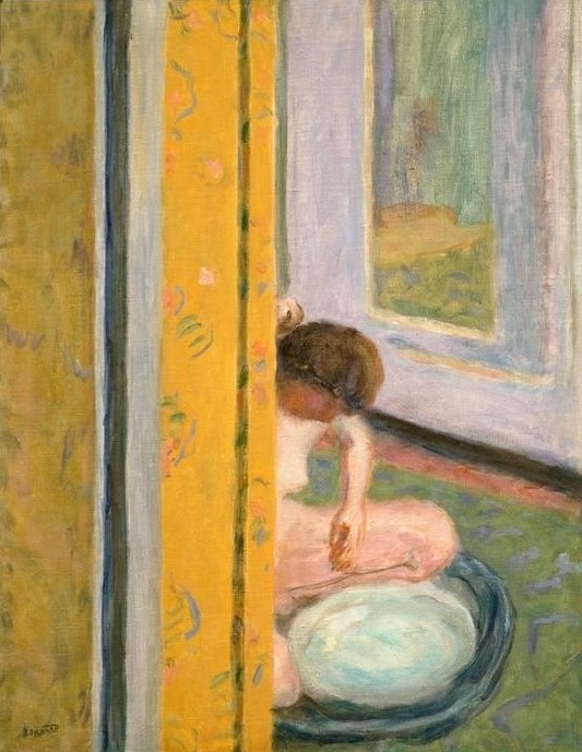 Pierre Bonnard, Nu au rideau jaune (Körperpflege,Bad,Frau,Kunst,Impressionismus,Akt,Französische Kunst,Nabis,Waschschüssel,Intimhygiene)