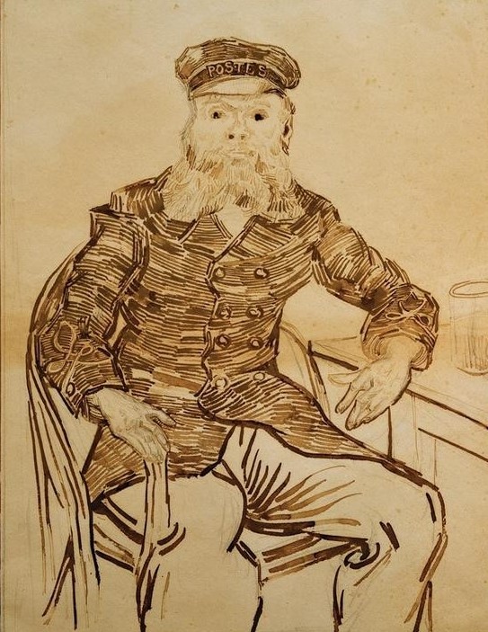 Vincent van Gogh, Porträt des Joseph Roulin (Mann, Postbote, Bart, Uniform, Portrait, Mütze, Kappe, Studie,  Klassische Moderne, Impressionismus, Wohnzimmer, Treppenhaus, Wunschgröße, schwarz/weiß)