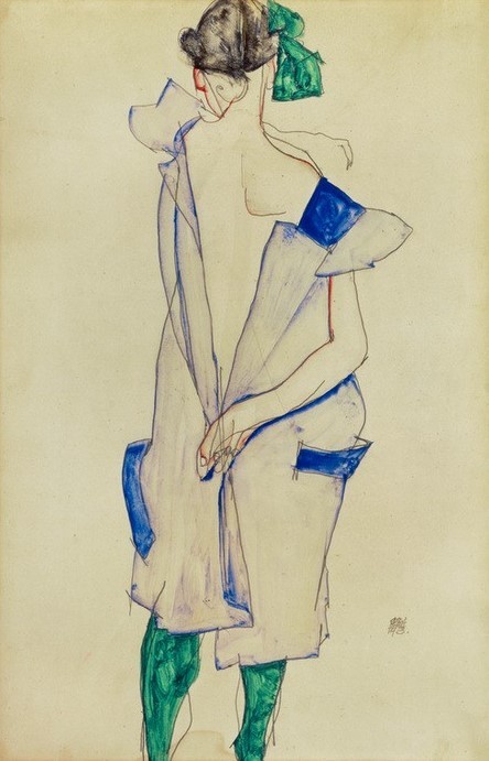 Egon Schiele, Stehendes Mädchen mit blauem Kleid und grünen Strümpfen, Rückenansicht (Jugendstil,Akt)