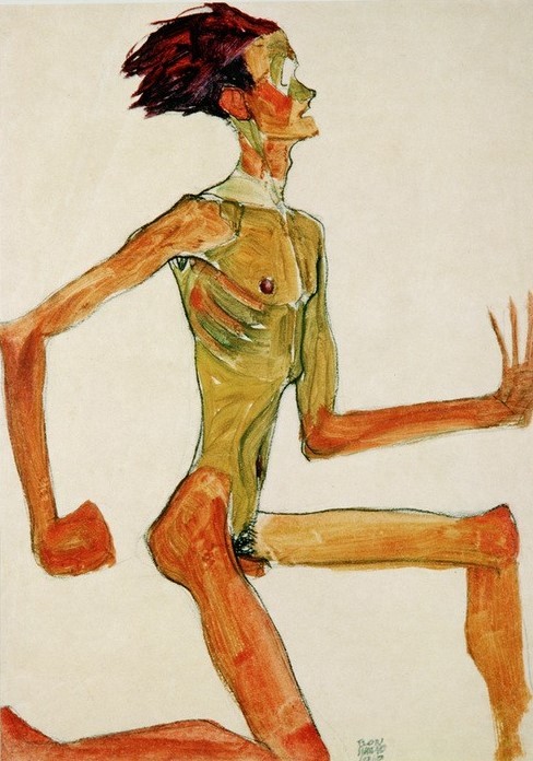 Egon Schiele, Kniender nackter Mann, im Profil nach rechts (Jugendstil,Akt)