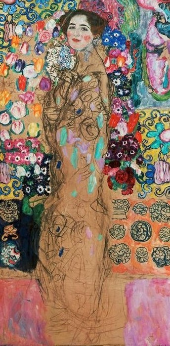 Gustav Klimt, Lady with Fan (Maria Munk)  (Klassische Moderne, Jugendstil, dekorativ, Frau, Ornamente, Fächer, Persönlichkeiten, Wunschgröße, Wohnzimmer, Treppenhaus, Schlafzimmer, Malerei)