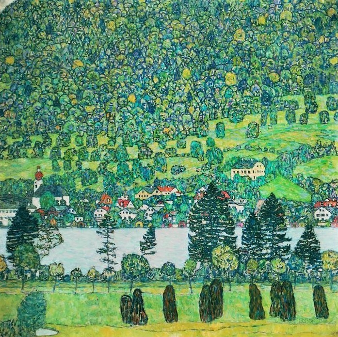 Gustav Klimt, Waldabhang in Unterach  (Klassische Moderne,Jugendstil, Österreich, Wald, Fluss, Bäume, Dorf, Hügel, Wohnzimmer, Treppenhaus, Schlafzimmer, Wunschgröße, Malerei)