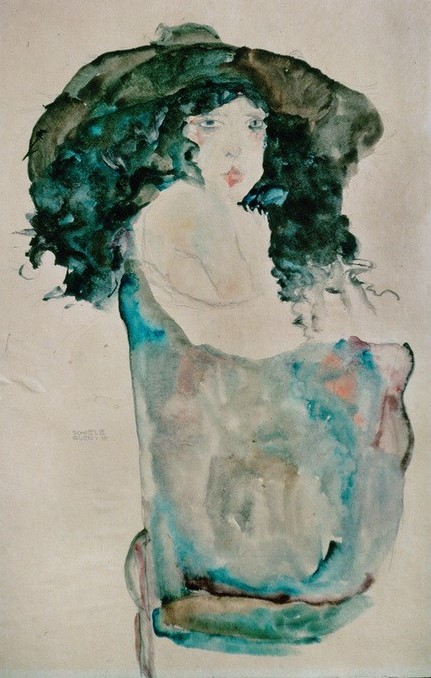 Egon Schiele, Mädchen mit schwarzen Haaren und Hut (Jugendstil,Portrait)