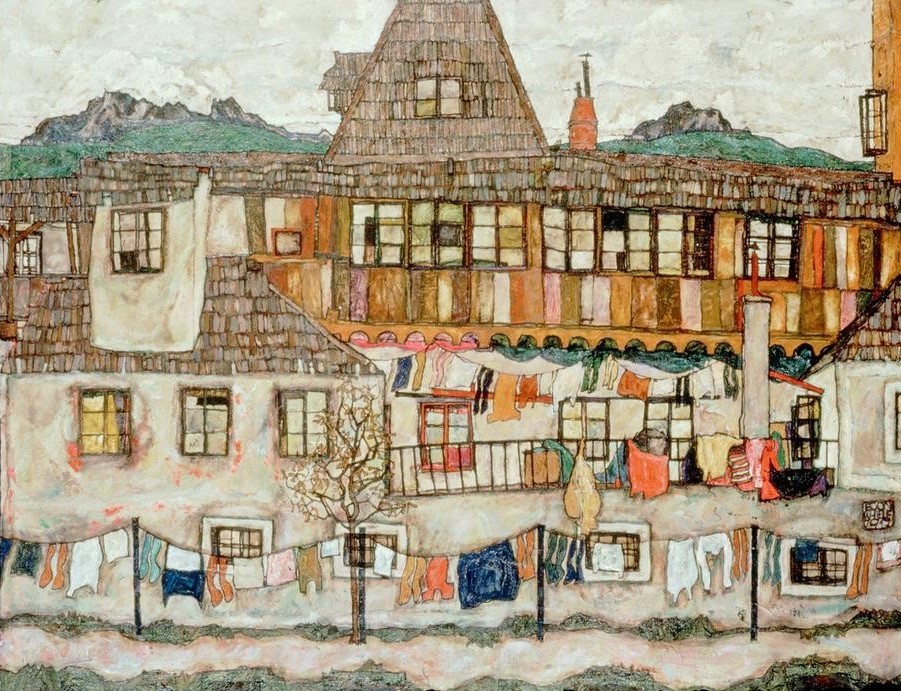 Egon Schiele, Haus mit trocknender Waesche (Jugendstil,Hut,Cottage)