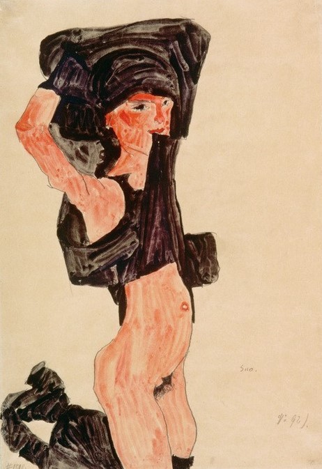 Egon Schiele, Kniendes Mädchen, sich den Rock ueber den Kopf ziehend (Jugendstil)