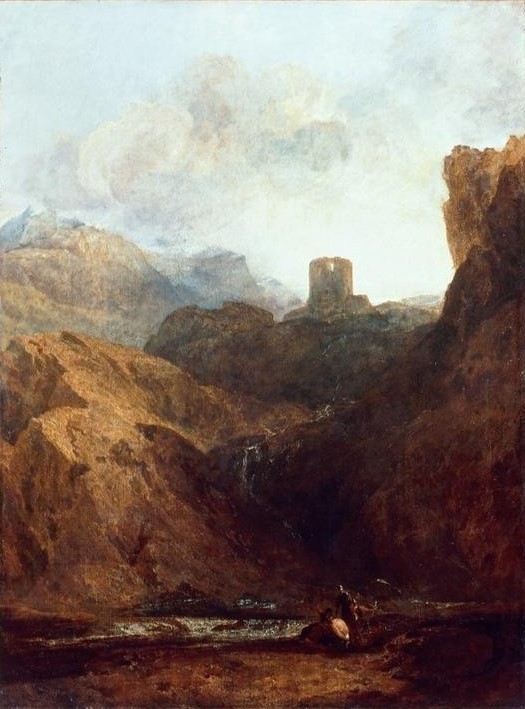 JOSEPH MALLORD WILLIAM TURNER, Dolbadarn Castle (Burg (Bauwerk),Festung,Kunst,Landschaft,Ruine,Schloss,Turm,Wasserfall,Schlucht,Englische Kunst,Romantik,Berg,Festungsbau)