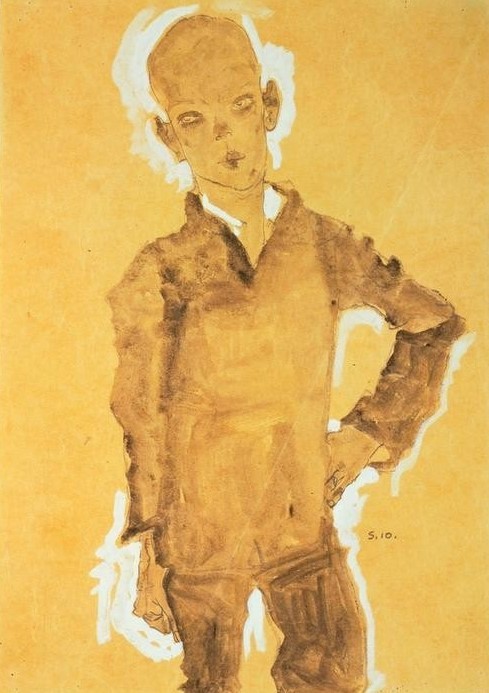 Egon Schiele, Stehender Knabe, linke Hand an die Huefte gestuetzt (Wunschgröße, Malerei, Knabe, Glatze, Klassische Moderne,   Expressionismus, Wohnzimmer,  gelb)
