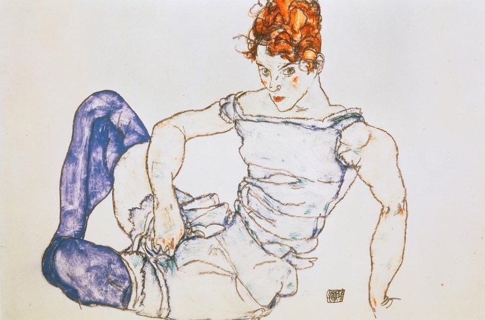 Egon Schiele, Sitzende Frau mit violetten Strümpfen (Wunschgröße, Malerei, Frau, nachdenklich, melancholisch,   Klassische Moderne, People & Eros, Expressionismus, Wohnzimmer, Schlafzimmer, bunt)