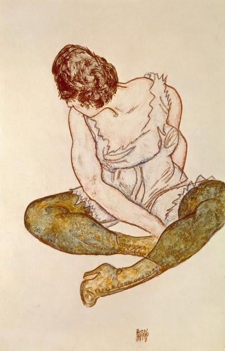 Egon Schiele, Sitzende Frau mit gruenen Struempfen (Wunschgröße, Malerei, Frau, nachdenklich, melancholisch,  Klassische Moderne, People & Eros, Expressionismus, Wohnzimmer, Schlafzimmer, bunt)