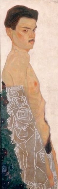 Egon Schiele, Aktselbstbildnis mit ornamentierter Drapierung (Malerei, Expressionismus, Mann, Akt, nackt,Ornament, Muster, Erotik,  Klassische Moderne, Schlafzimmer, Wohnzimmer bunt)
