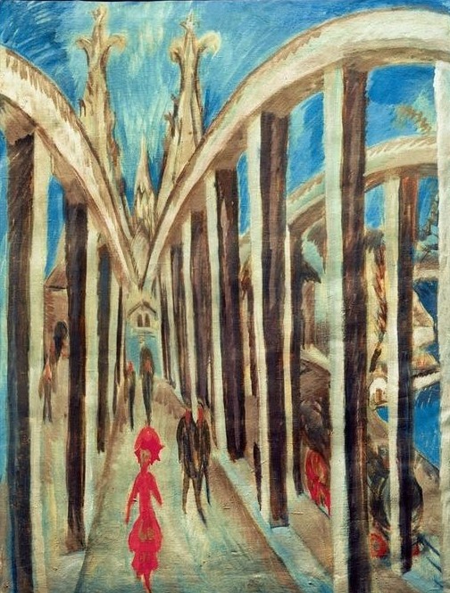 Ernst Ludwig Kirchner, Rheinbrücke bei Köln (Architektur,Brücke,Deutsche Kunst,Dom,Eisenbahnbrücke,Eisenbahn,Geographie,Kunst,Expressionismus,Architekturdarstellung,Die Brücke,Fussgänger,Topographie,Passant,Passantin,Fussgängerin)