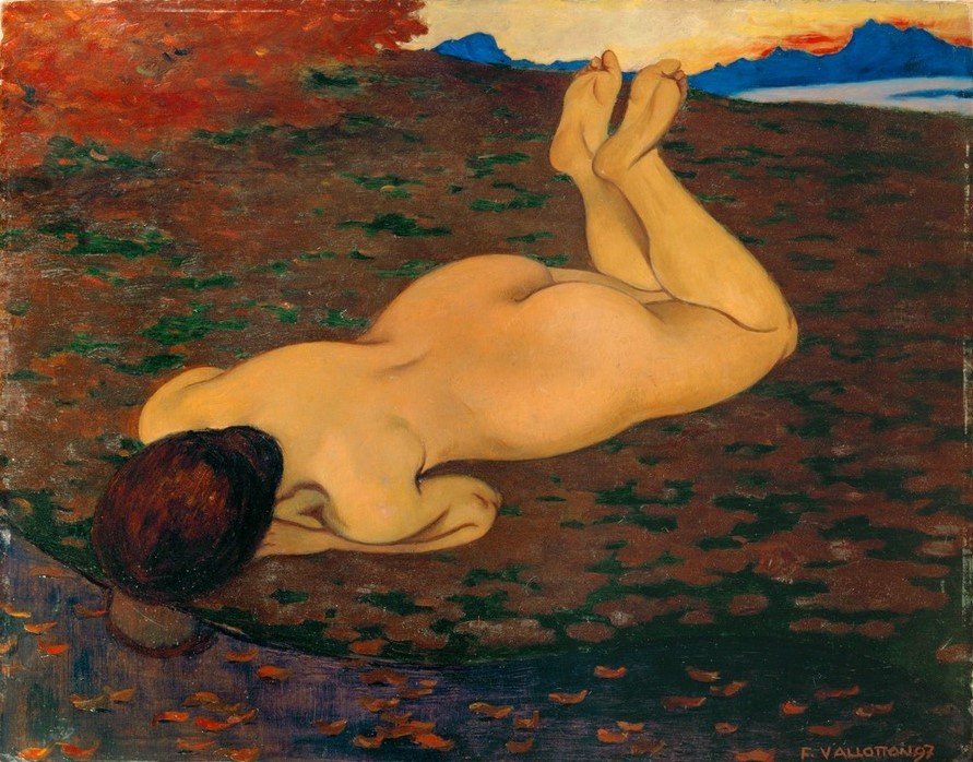 Felix Vallotton, Baigneuse ou la Source (Bad Im Freien,Bad,Frau,Landschaft,Mädchen,Schwimmen,Sport,Wasser,Symbolismus,Trinken,Akt,Quelle,Portrait,Rückenakt,Französische Kunst,Schweizerische Kunst,Leben,Nabis,Kopf,Jahrhundertwende,Liegen,Naturverbundenheit,Auf Dem Bauch Liegen,Vier Elemente)