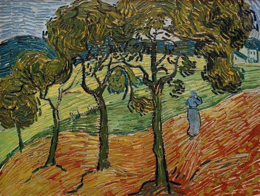 Vincent van Gogh, Landschaft mit Bäumen und Figuren (Landschaft, Spaziergang, Bäume, mediterran, Klassische Moderne, Impressionismus, Wohnzimmer, Treppenhaus, Wunschgröße, bunt)