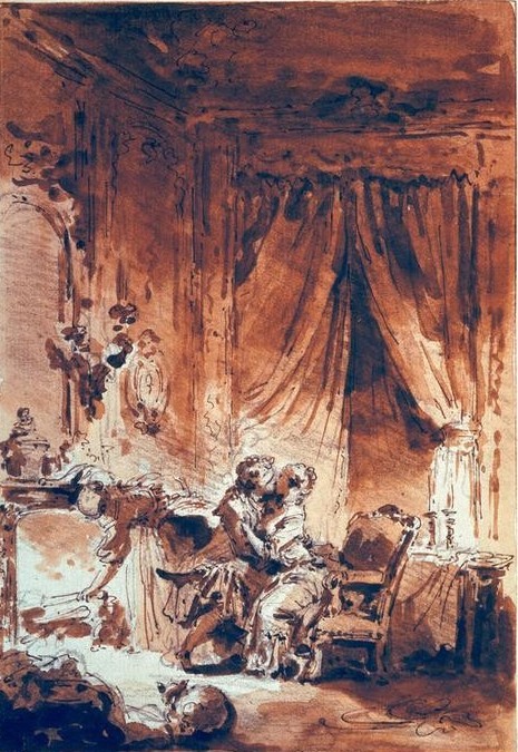 Jean-Honoré Fragonard, Contes (Erotik,Feuer,Frau,Jugend (Lebensalter),Katze (Tier),Liebe,Liebespaar,Literatur,Mann,Sitzmöbel,Wohnung,Rokoko,Kuss,Umarmung,Interieur,Adel,Französische Kunst,Vorhang,Paar,Illustration,Dienerin,Sessel,Kamin)