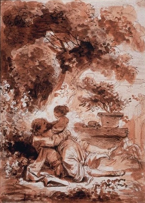 Jean-Honoré Fragonard, Contes (Erotik,Frau,Jugend (Lebensalter),Liebe,Liebespaar,Literatur,Mann,Rokoko,Umarmung,Adel,Französische Kunst,Im Freien (Allgemein),Paar,Illustration,Dienerin,Liebe Im Freien)