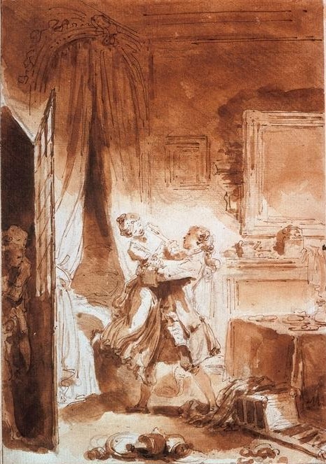 Jean-Honoré Fragonard, Contes (Bett,Erotik,Frau,Herrenmode,Jugend (Lebensalter),Liebe,Liebespaar,Literatur,Mädchen,Mann,Mode,Schlafzimmer,Tür,Wohnung,Rokoko,Voyeurismus,Widerstand,Verführung,Leidenschaft,Umarmung,Adel,Beobachten,Französische Kunst,Lauschen,Heimliche Liebe,Paar,Illustra)