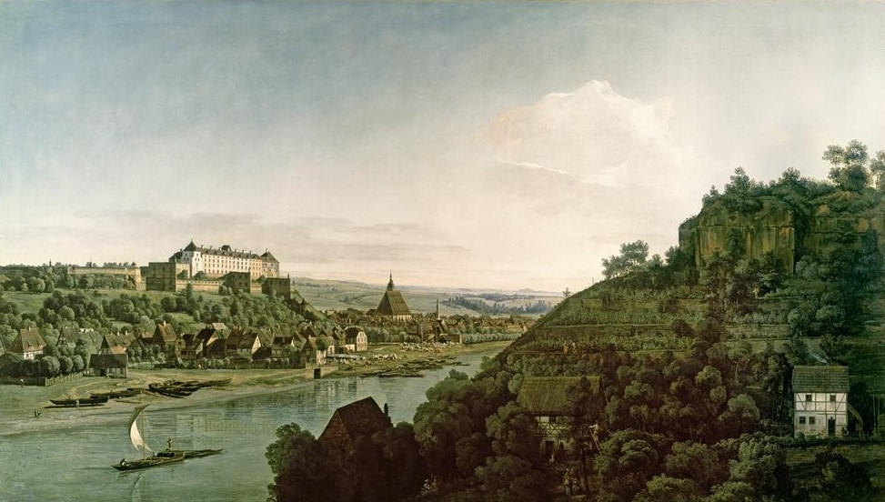 Bernardo Bellotto, Pirna von den Weinbergen bei Posta (Städte, Sachsen, Schloss, Fluss, Elbe, historisch, Rokoko, Malerei, Wohnzimmer, Wunschgröße, Klassiker, bunt)