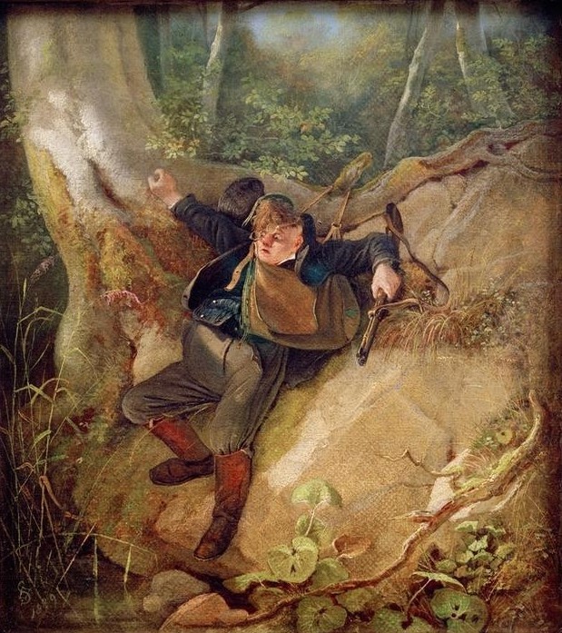 Carl Spitzweg, Jagdunglück (Deutsche Kunst,Fettleibigkeit,Gewehr,Jäger,Jagd,Kunst,Biedermeier,Angst,Hobby,Jagdunfall,Genre,Sturz,Jagdtasche,Komik)