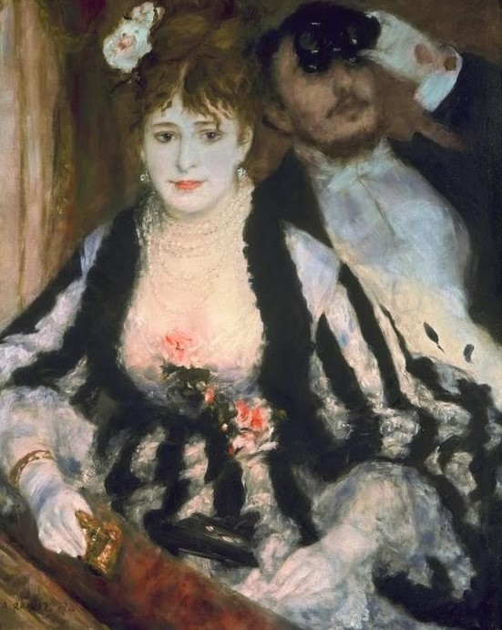Pierre-Auguste Renoir, In der Theaterloge (Frau,Handschuh,Maler (Künstler),Mann,Mode,Optik,Theater,Impressionismus,Portrait,Loge (Architektur),Opernglas,Bürgertum,Französische Kunst,Publikum,Paar,Theaterloge,Zuschauen,Zuschauer,Junge Frau,Sehen Und Gesehenwerden,Zuschauerin,Frontalansicht,Grossbür)