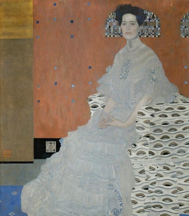 Gustav Klimt, Fritza Riedler  (Klassische Moderne,  Jugendstil Eros&People, Persönlichkeiten, Portrait, Frau, weißes Kleid, Eleganz, Ornamente, Wohnzimmer, Treppenhaus, Schlafzimmer, Malerei)