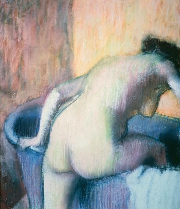 Edgar Degas, Frau, in eine Badewanne steigend (Körperpflege,Bad,Frau,Kunst,Wannenbad,Impressionismus,Akt,Rückenakt,Rückenfigur,Französische Kunst,Nacktheit,Rücken,Hygiene,Badewanne)