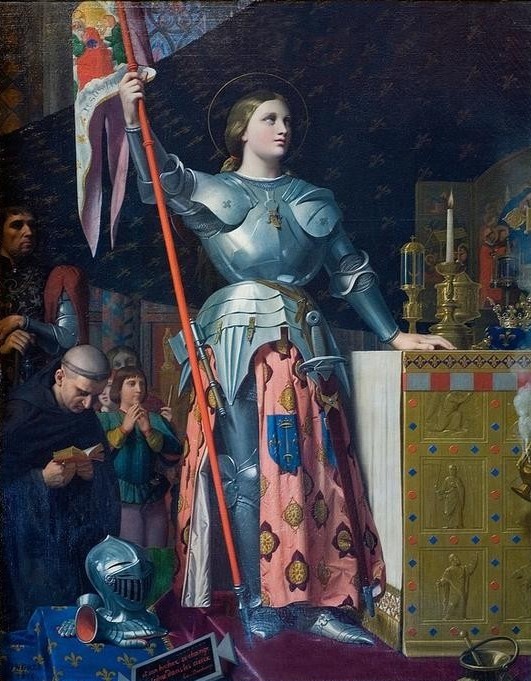 JEAN-AUGUSTE-DOMINIQUE INGRES, Jeanne d’Arc bei der Krönung Karls VII. (Nationalheldin,Frau,Geschichte,Heilige,Katholische Kirche,Krönung,Militär,Rüstung (Schutzkleidung),Mission,Klassizismus,Portrait,Hundertjähriger Krieg,Französische Kunst,Ganzfigurig,Person,Banner)