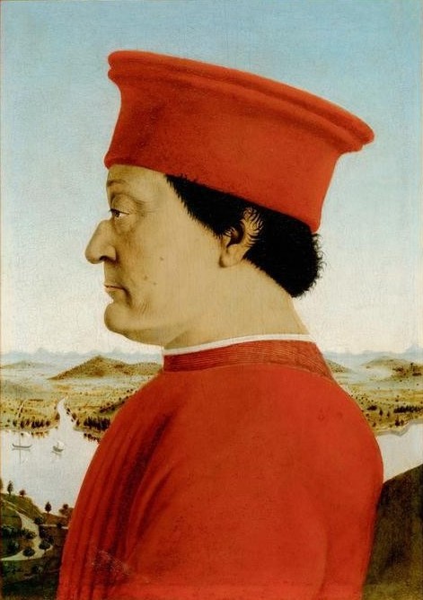 Piero della Francesca, Federigo III. Montefeltro (Geschichte,Herrenmode,Herzog,Mann,Hut,Renaissance,Portrait,Adel,Italienische Kunst,Kleidung (Allgemein),Profil,Hakennase,Hässlichkeit,Nase,Brustbild,Ornat (Weltlich),Person)