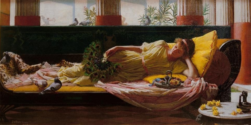 John William Waterhouse, Dolce far Niente (Fächer,Frau,Geschichte,Kunst,Mensch,Pause,Taube,Präraffaeliten,Englische Kunst,Viktorianische Kunst,Pfauenfeder,Alltagskultur,Ausruhen,Frauenleben,Nichtstun,Liegen,Blumenschale,Schlafen (Schlaf),Alltag, Klassiker, Wunschgröße)