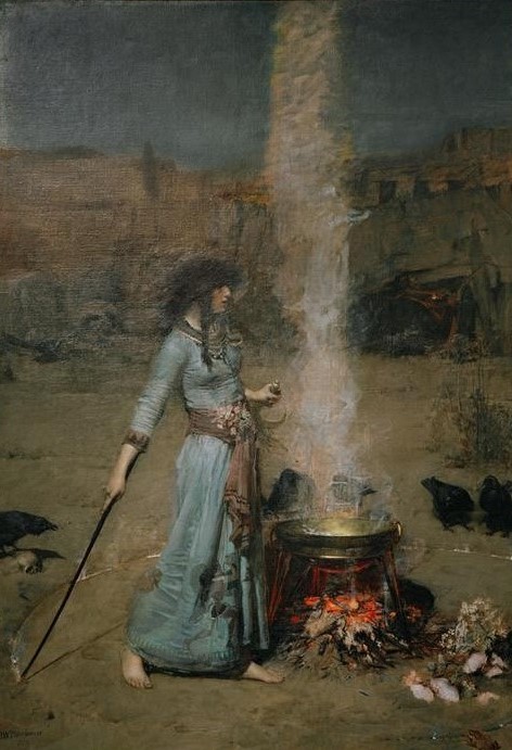 John William Waterhouse, The Magic Circle (Feuer, Hexe, Magie, Esoterik, Aberglaube, Schlange, Raben,  Präraffaeliten,Sichel, Kreis, Rauch, Kessel, Dreifuss (Gegenstand),Zauberei, Klassiker, Wunschgröße)