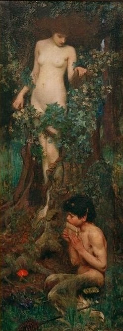 John William Waterhouse, A Hamadryad (Frau,Kunst,Mythologie,Wald,Nymphe,Akt,Baum,Satyr,Präraffaeliten,Englische Kunst,Panflöte,Viktorianische Kunst,Dryade,Hamadryade,Griechisch-Römische Mythologie, Klassiker, Wunschgröße)