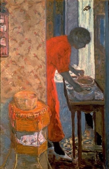 Pierre Bonnard, Les Confitures (Frau,Möbel,Tapete,Wohnung,Impressionismus,Tisch,Marmelade,Hausfrau,Französische Kunst,Schüssel,Gemustert,Beistelltisch)