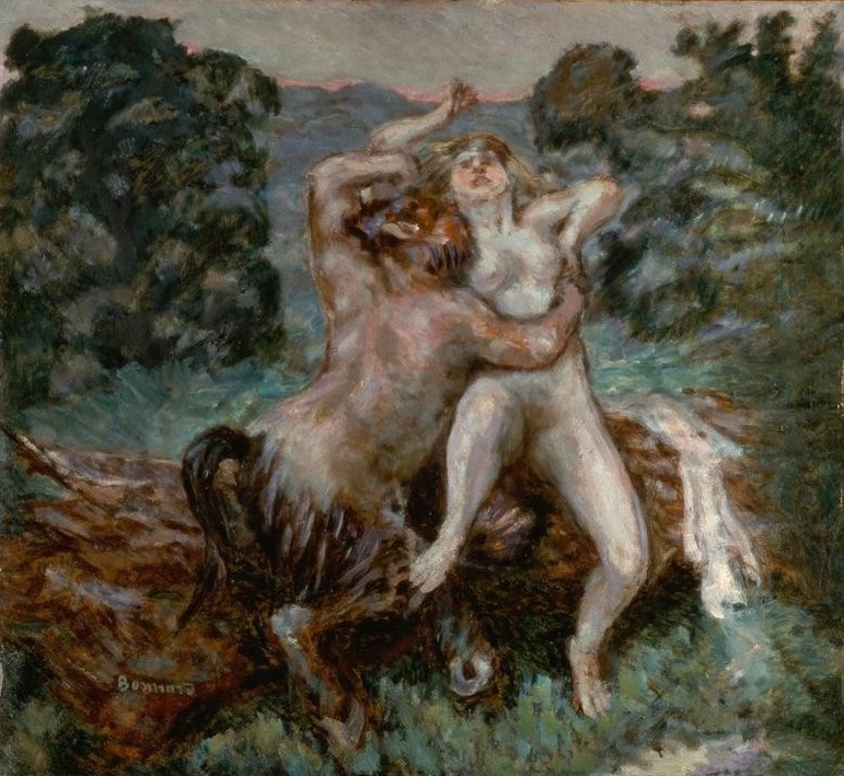 Pierre Bonnard, L’Après-Midi d’un Faune (Erotik,Landschaft,Liebespaar,Mythologie,Nymphe,Impressionismus,Libido,Faun,Französische Kunst,Zudringlichkeit,Griechisch-Römische Mythologie)