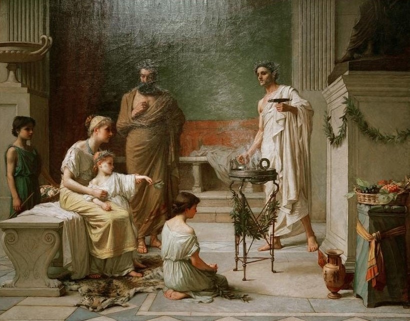 John William Waterhouse, A sick Child Brought into the Temple of Aesculapius (Familie,Geschwister,Geschichte,Kind,Krankheit,Kunst,Mädchen,Medizin,Mutter Und Kind,Priester,Tempel,Vater,Lorbeer,Mutter,Präraffaeliten,Englische Kunst,Historienmalerei,Viktorianische Kunst,Alltagskultur,Römisches Reich,Schwäche,Dreifuss (Gegenstand),Opfe)
