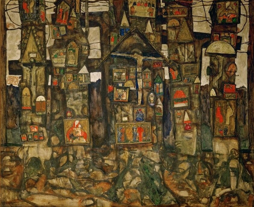 Egon Schiele, Waldandacht (Bildstock, Kreuz, Votivbildchen, Wald, Schrein, Andachtsbild, Religion, Klassische Moderne, Expressionismus, Wohnzimmer, Wunschgröße, bunt)