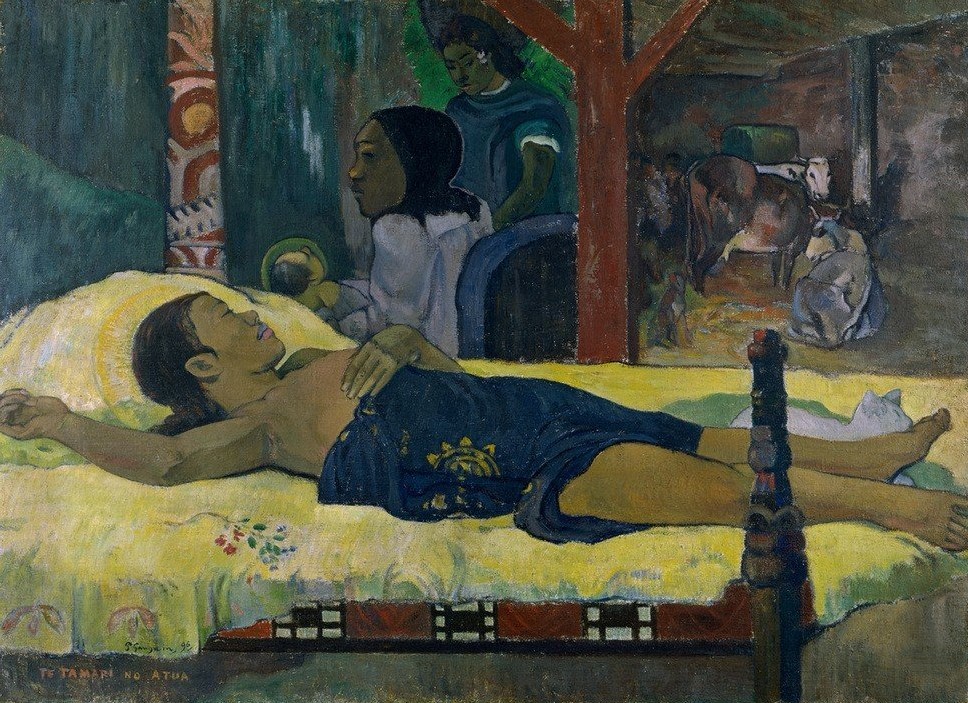 Paul Gauguin, Te tamari no atua (Baby,Bett,Frau,Geburt,Kunst,Rind,Völkerkunde,Naturvölker,Christi Geburt,Mutter,Stall,Französische Kunst,Exotik,Frauenleben,Jahrhundertwende,Liegen,Ureinwohnerin,Synthetismus,Land Und Leute)