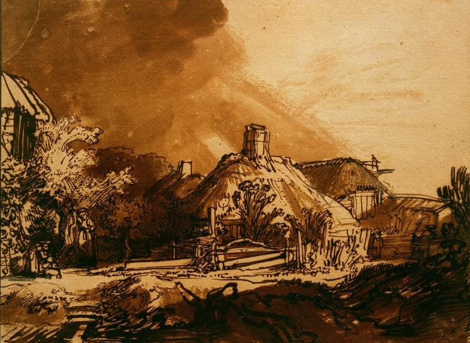 Rembrandt Harmenszoon van Rijn, Häuser unter gewittrigem Himmel (Bauernhaus,Dorf,Gewitter,Kunst,Landschaft,Meteorologie,Wetter,Barock,Niederländische Kunst,Holländische Kunst)