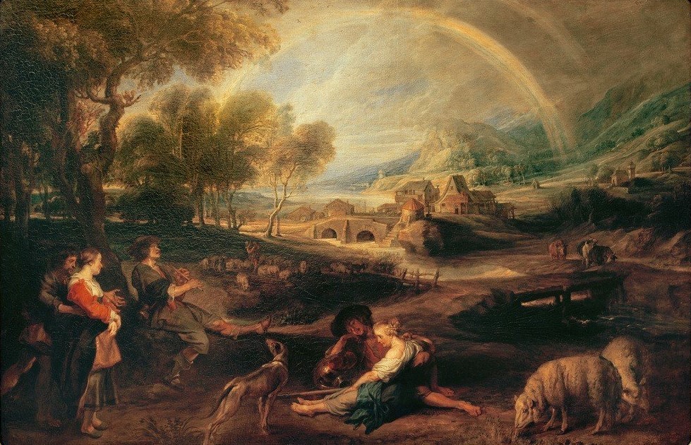 Peter Paul Rubens, Landschaft mit Regenbogen (Flämische Kunst,Landschaft,Meteorologie,Schafzucht,Hirte,Barock,Regenbogen,Pastorale,Bukolik,Hirtin,Landwirtschaft)