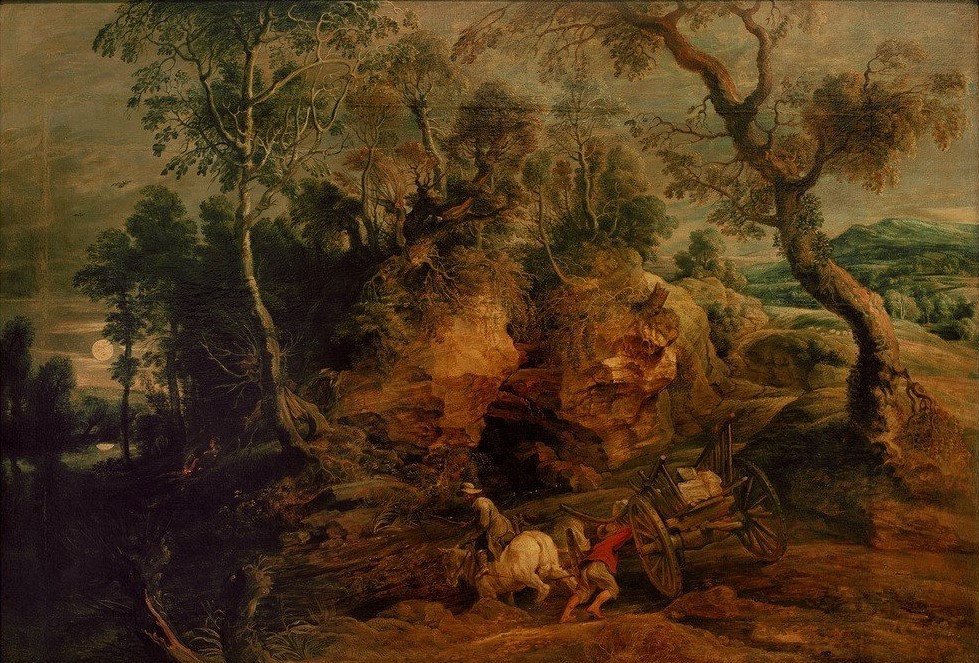 Peter Paul Rubens, Das festgefahrene Fuhrwerk (Flämische Kunst,Landstrasse,Landschaft,Pferdewagen,Transport,Verkehr,Barock,Panne,Strasse (Unbefestigt),Fuhrwerk)