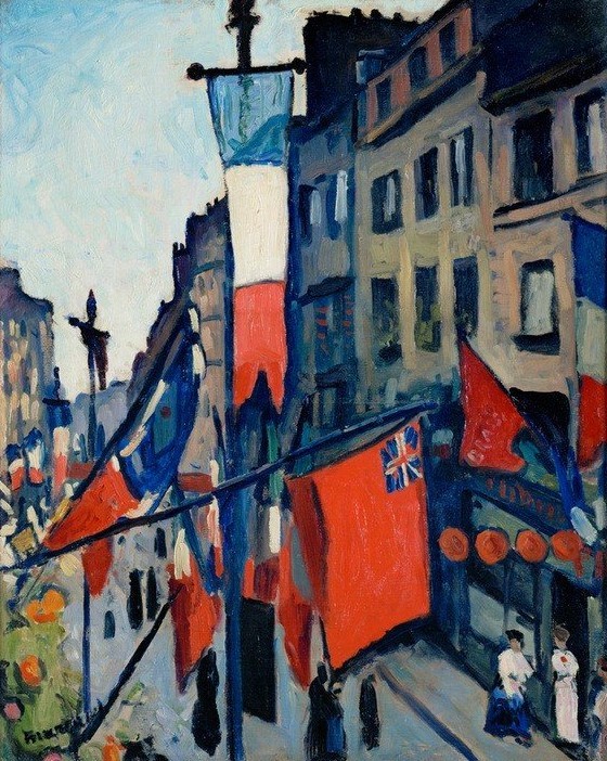 Albert Marquet, Der 14. Juli in Le Havre (Flagge,Geschichte,Juli,Strassenszene,Szene,Impressionismus,Nationalfeiertag,Fauves,Stadtansicht,Französische Kunst,Standarte,Trikolore,Jahrhundertwende,14. Juli,Staatsfeiertag,Fahne,Banner,Feier)