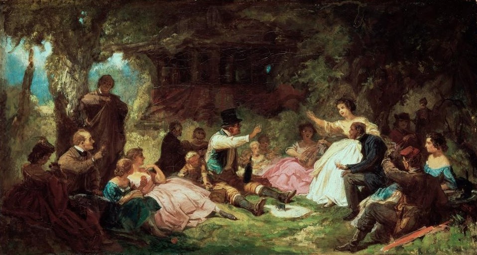 Carl Spitzweg, Das Picknick (Ausflug,Deutsche Kunst,Fahrendes Volk,Gesellschaft,Herrenmode,Laute,Mode,Musik,Picknick,Freizeit,Schauspieler,Tafelsitten,Theater,Instrument,Biedermeier,Gamaschen,Wanderbühne,Im Freien (Allgemein),Zutrinken,Geselliges Beisammensein,Fröhlichkeit,Musikantin)