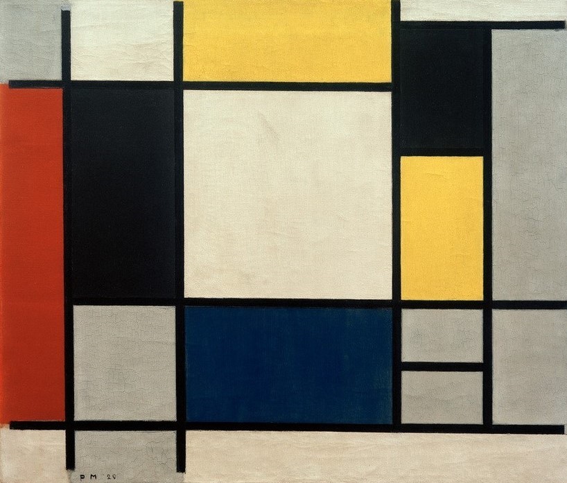 Piet Mondrian, Komposition mit Gelb, Rot, Schwarz, Blau und Grau (Geometrie,Abstrakte Kunst,Niederländische Kunst,Blau,Schwarz,De Stijl,Rot,Rechteck,Gelb,Grau,Neo-Plastizismus,Farbe)