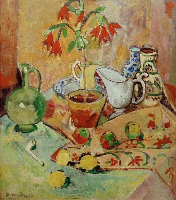 Oskar Moll, Stilleben mit Topfpflanze und Krügen, Früchten und Pfeife (Blumentopf, Stillleben, Pflanze, Krüge, Pfeife, Klassische Moderne, Malerei, Expressionismus, Esszimmer, Wohnzimmer, Wunschgröße)